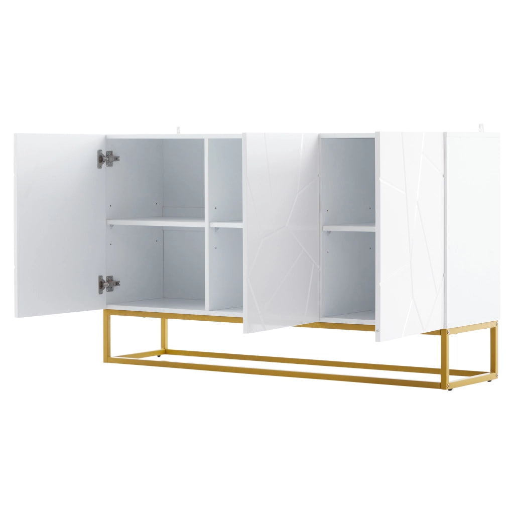 Credenza e madia con 3 ante e ripiani regolabili, frontali lucidi per soggiorno, bianco e oro, 130 × 38 × 76 cm