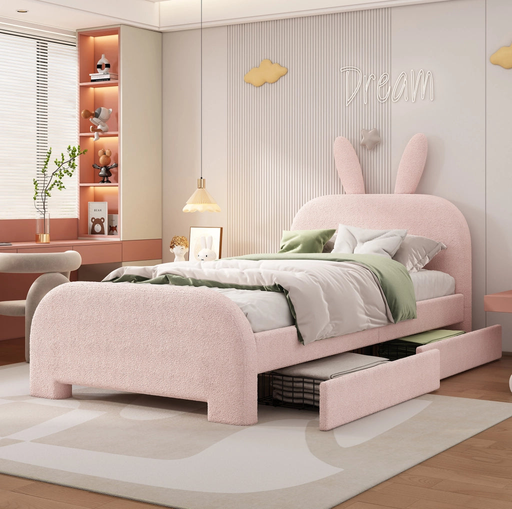 LETTO bambini 90x200 cm rosa in Plush e MDF con 2 cassetti