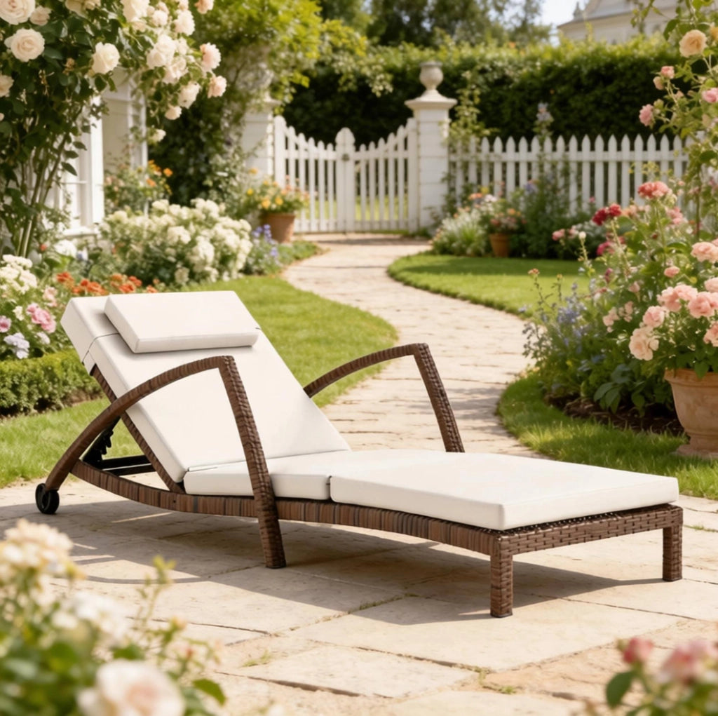Sdraio da terrazza moderna con ruote, lettino da giardino regolabile in 5 posizioni, struttura in acciaio zincato e resina intrecciata, cuscini beige e marrone