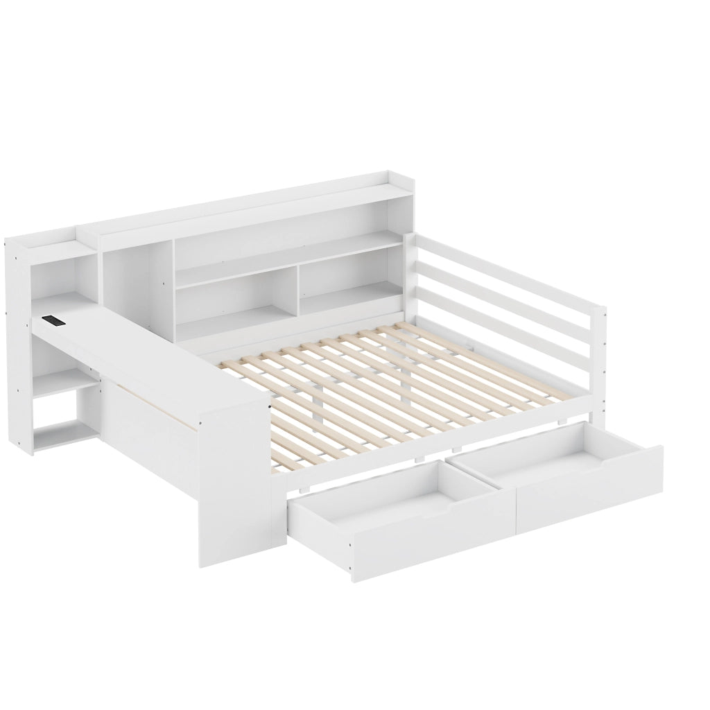 Letto matrimoniale 140x200 cm in legno bianco con scrivania; libreria; cassetti e presa USB