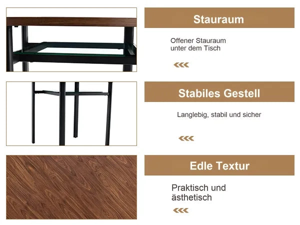 Tavolo rotondo moderno minimalista, diametro 100 cm, motivo legno marrone, piano vetro incassato marrone-grigio, struttura metallo stabile, per 2-4 persone
