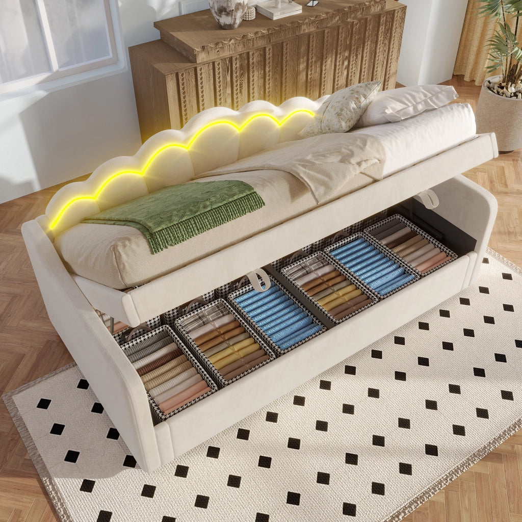 Letto da giorno, divano letto idraulico 90 x 200 cm con contenitore, letto singolo senza materasso, velluto, striscia LED a colori variabili - Beige