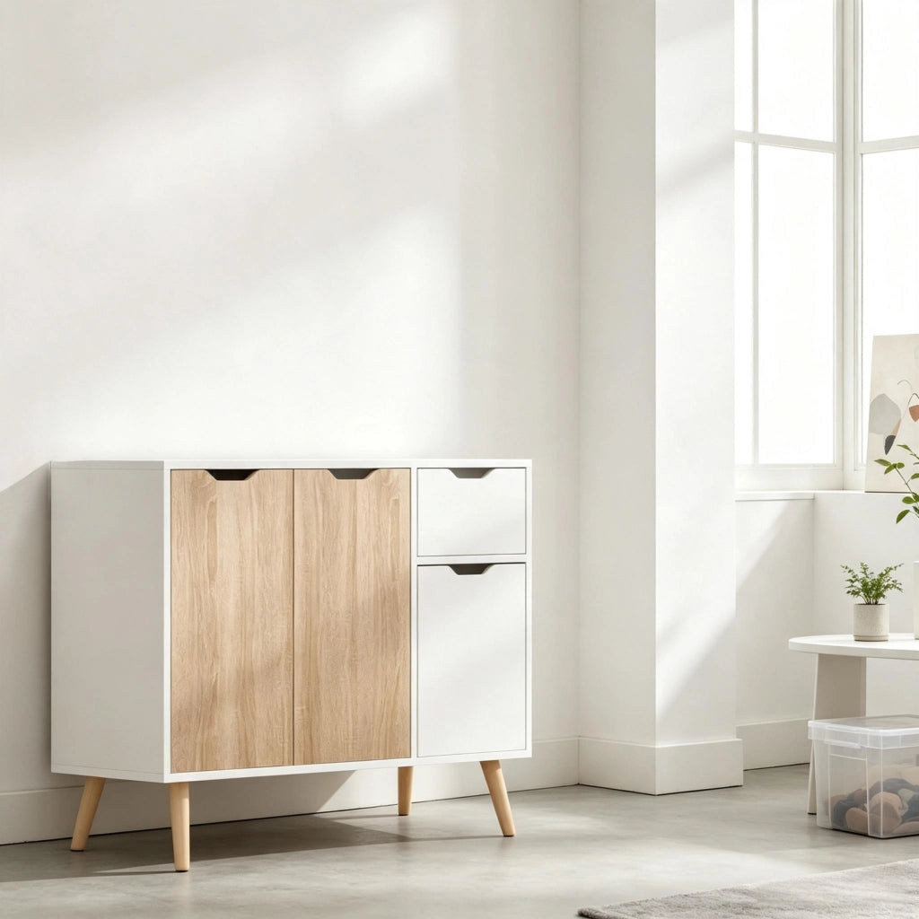 Sideboard design scandinavo con cassetti e ante, mobile per ingresso