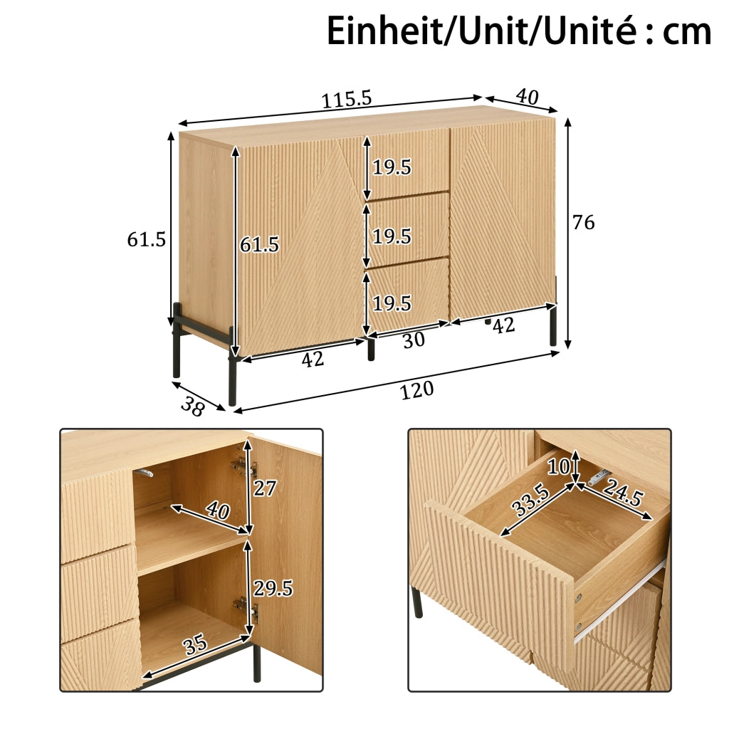 Credenza moderna con design geometrico; due ante e tre cassetti; MDF; color legno naturale