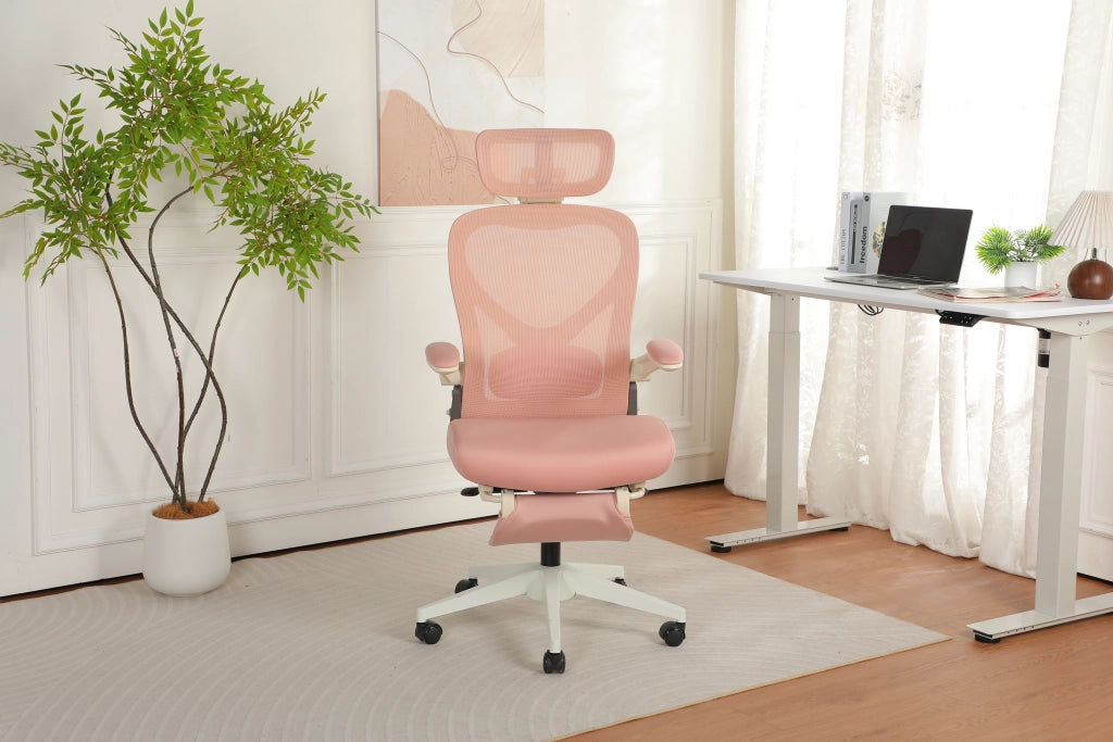 Sedia da ufficio pieghevole - con poggiatesta 3D e supporto lombare - in rete e schiuma - rosa