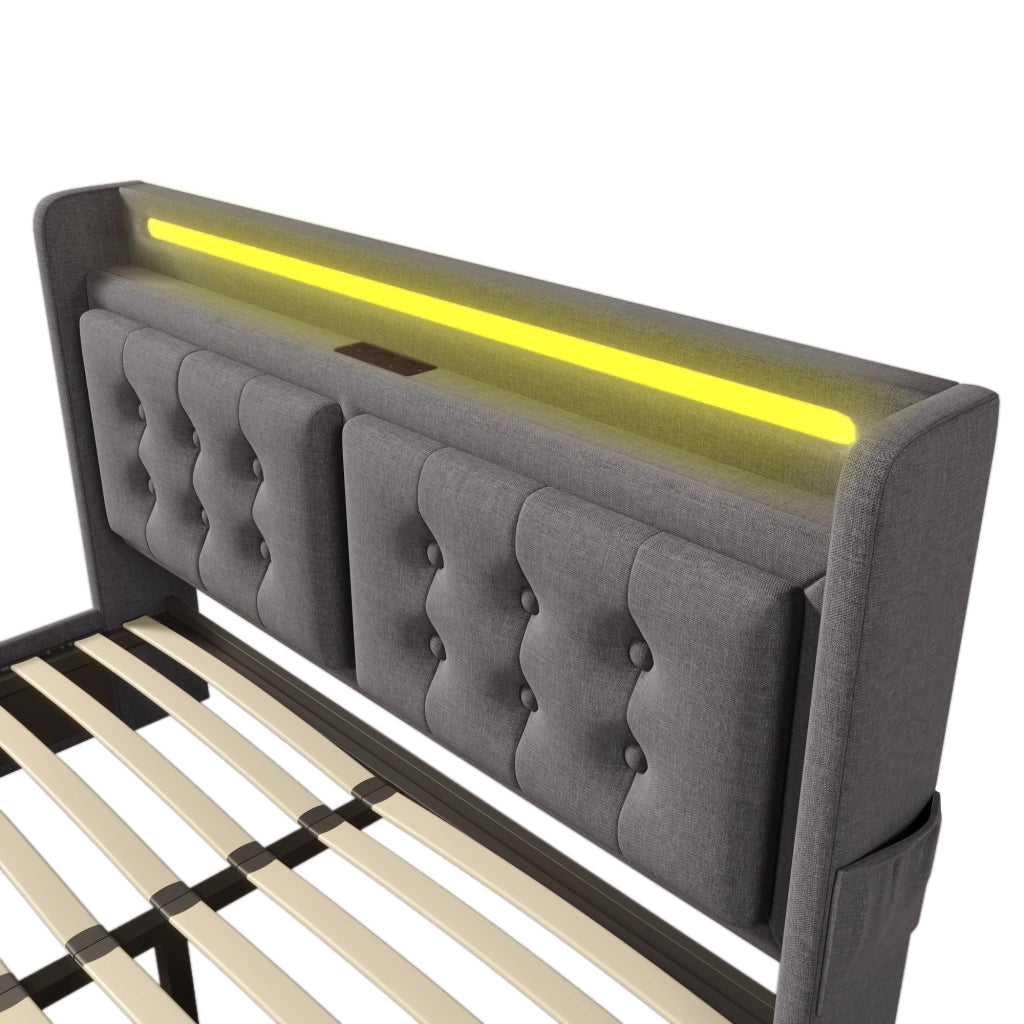Letto con Cassetti 180 x 200 cm; Letto Matrimoniale - LED; USB e Type-C - Grigio