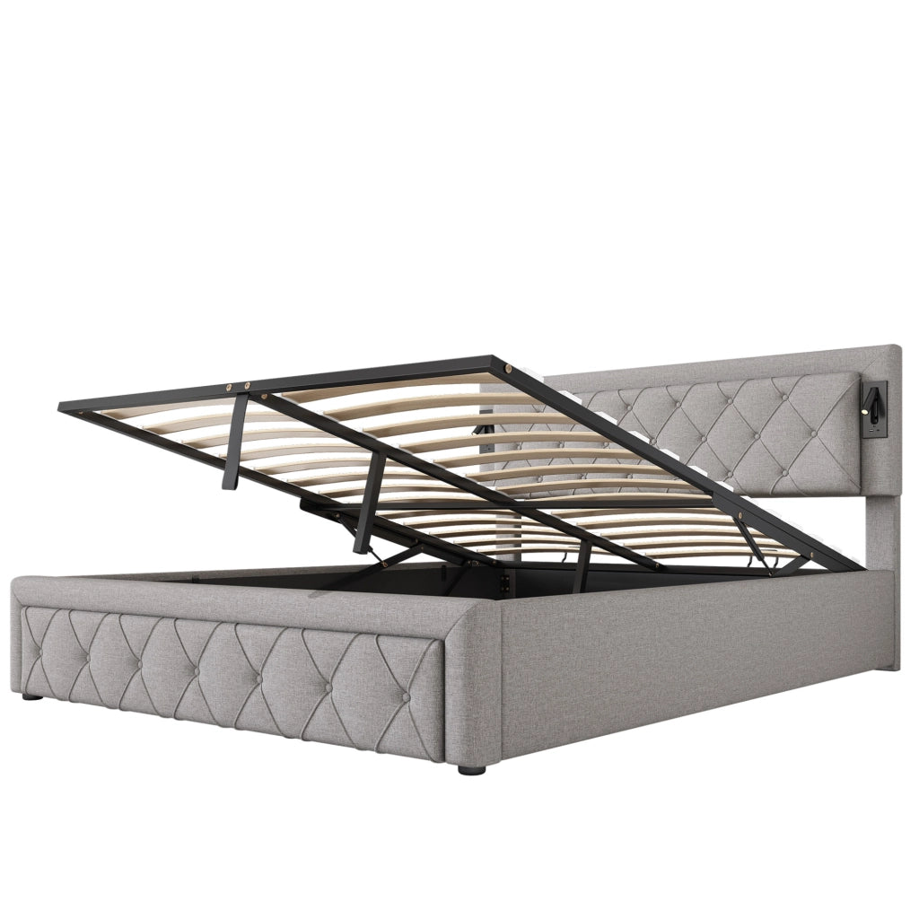 Letto imbottito con contenitore, LED e USB, grigio