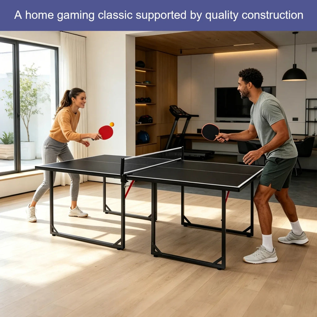 Tavolo da Ping Pong 182 cm, pieghevole e portatile per interni ed esterni. Set con rete, 2 racchette e 3 palline. Piano nero, gambe nere.