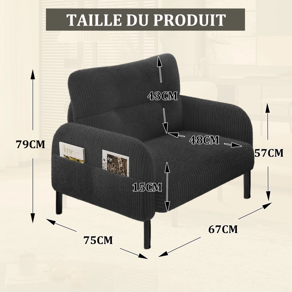 Poltrona singola in tessuto di velluto a coste con ampie tasche laterali e struttura in metallo, 67x75x79 cm, colore verde scuro