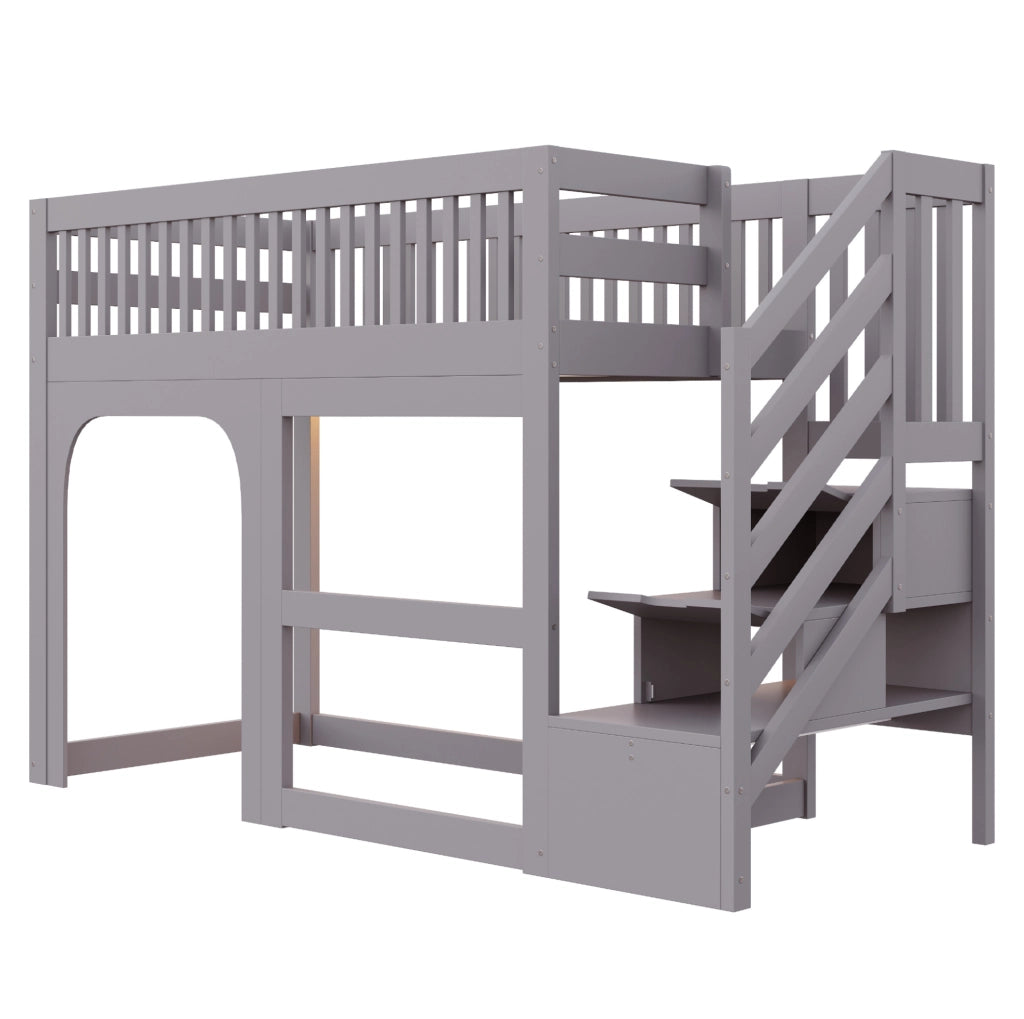 Letto a soppalco per bambini 90x200 cm con scala contenitore, LED e sponde grigio