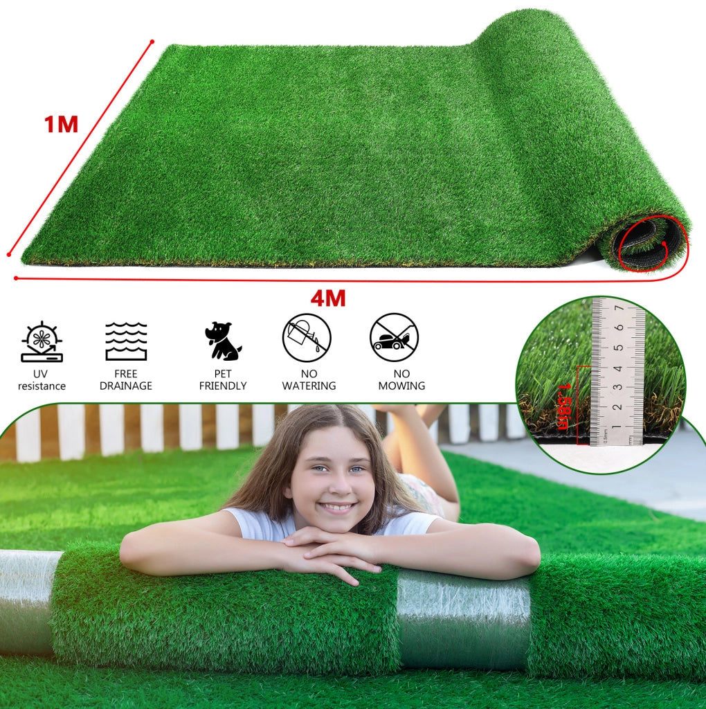 Tappeto in erba sintetica ULEVR 1x4 m verde, rotolo per giardino, balcone e terrazza con drenaggio