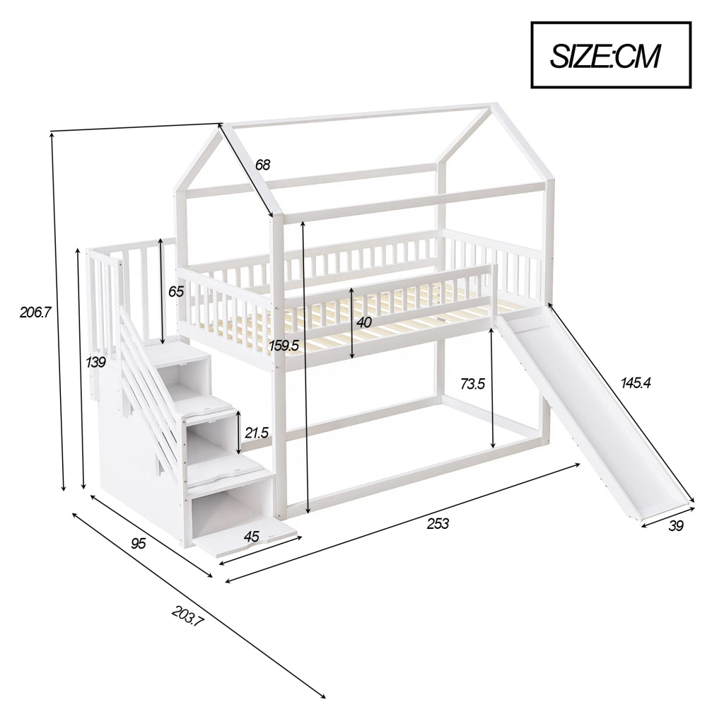 Letto a soppalco 90 × 200 cm con scivolo e scala contenitore in legno bianco; rete a doghe e sponde alte