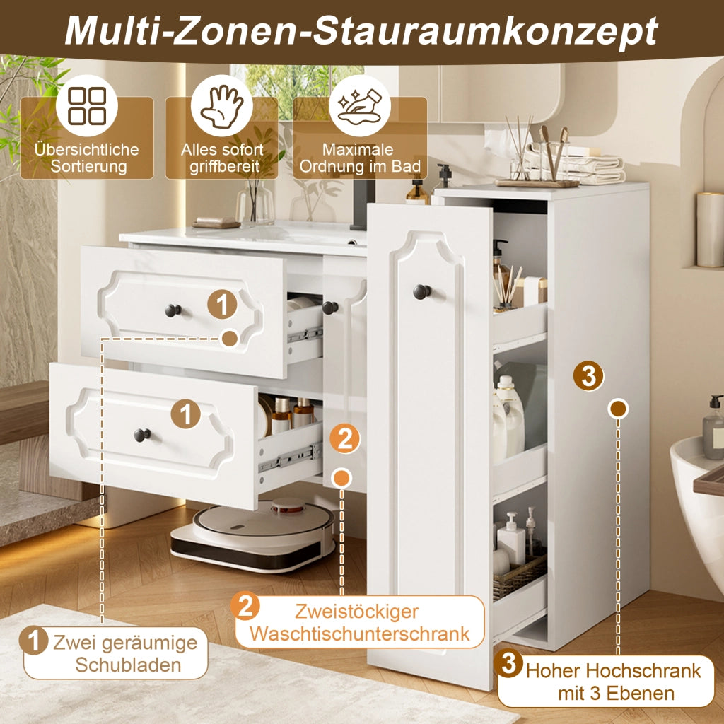 Desviae Mobile da bagno sospeso con lavabo in ceramica due cassetti e colonna laterale bianco 107 × 47,5 × 90,5 cm