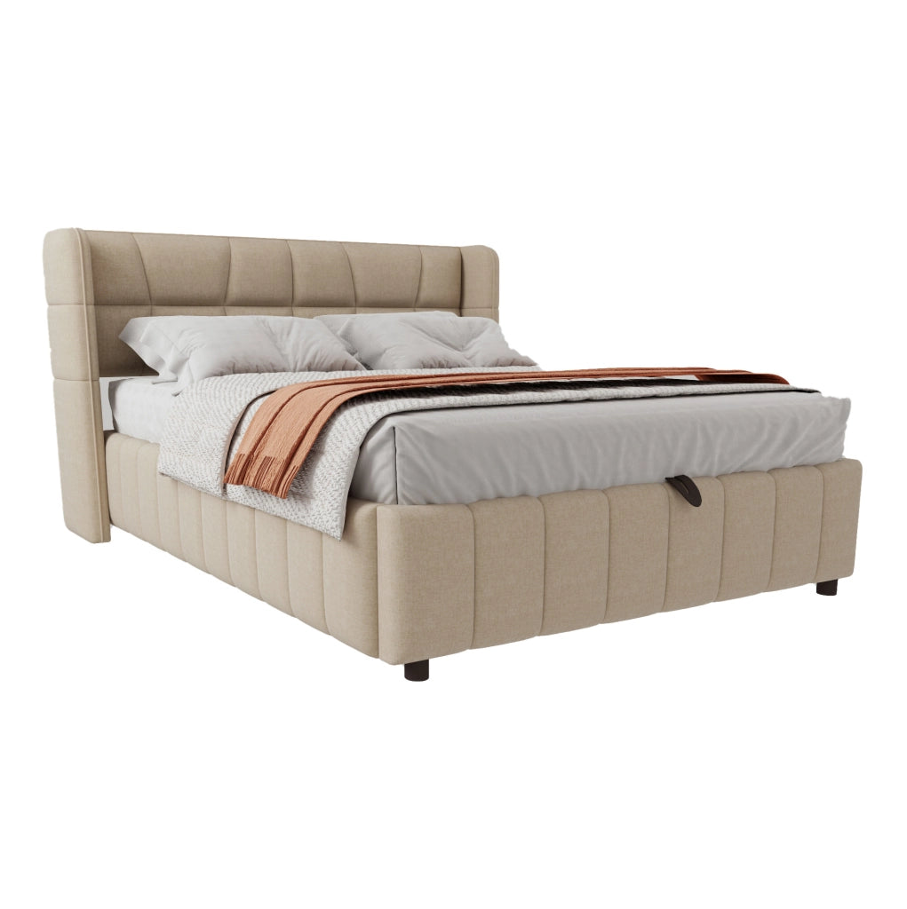 Letto imbottito 140x200 cm con contenitore e struttura in lino beige