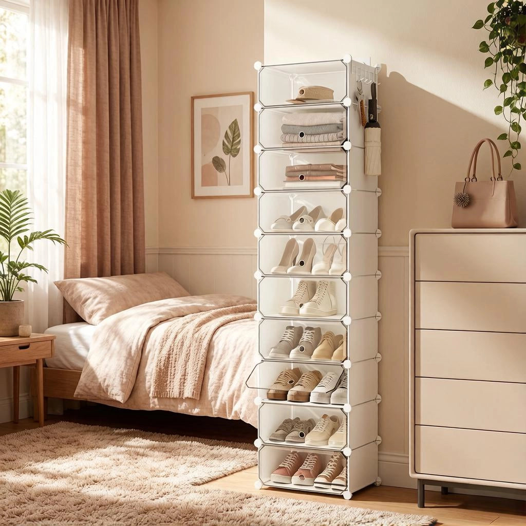 Scarpiera modulare con 10 scomparti e ante antipolvere per ingresso, in PP e metallo, bianca, 40 × 30 × 170 cm