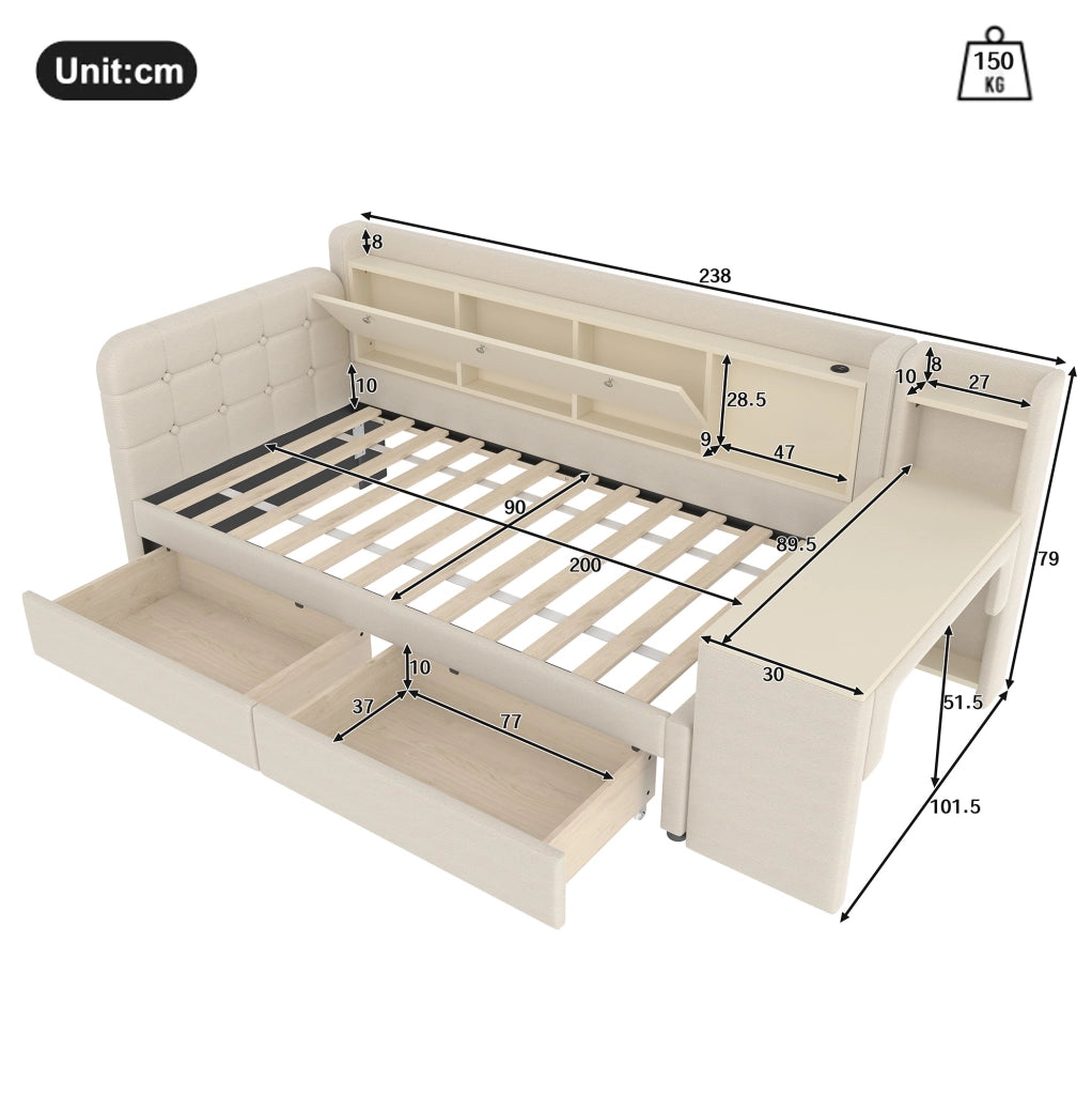 Letto 90x200 cm con scrivania; 2 cassetti e USB con Type-C