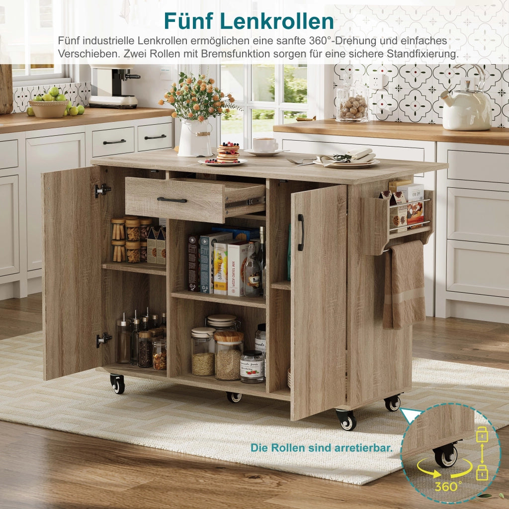 Carrello da cucina con piano pieghevole estensibile da 67.5 a 120 cm; cassetto; ruote frenate in MDF naturale