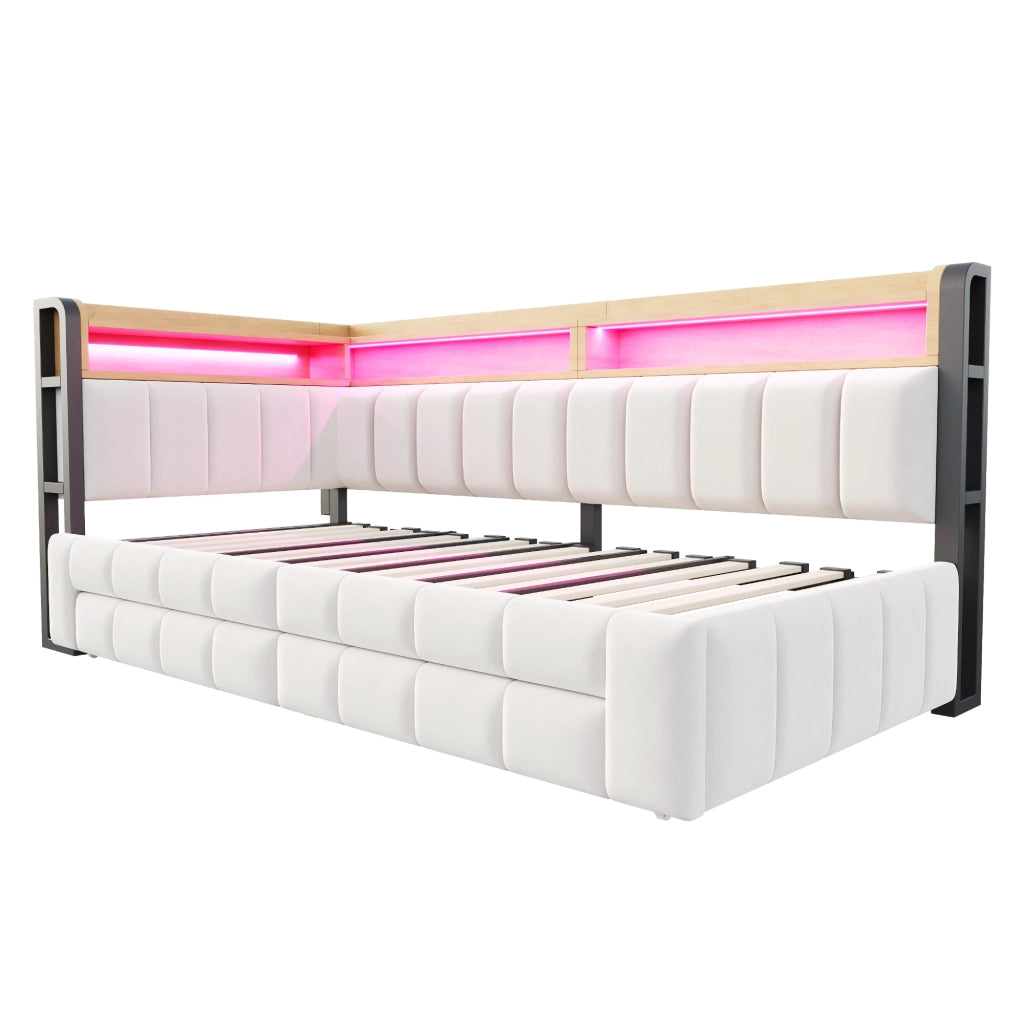 Divano letto 90x200 cm estraibile 180x200 cm con LED; USB e Type-C; cassetti; velluto beige