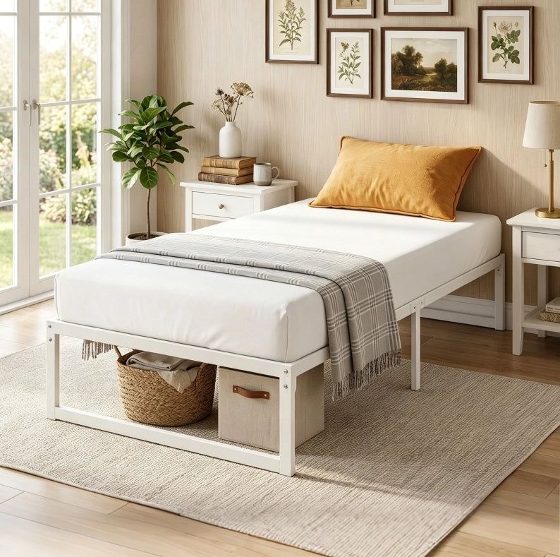 Letto singolo 90x200 cm senza testiera in metallo bianco con spazio sottoletto