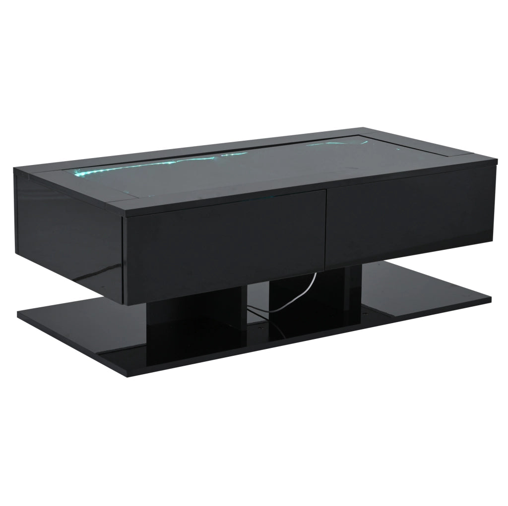 Tavolino da caff¨¨ 100x50x35 cm con 2 cassetti, LED e vetro temprato nero