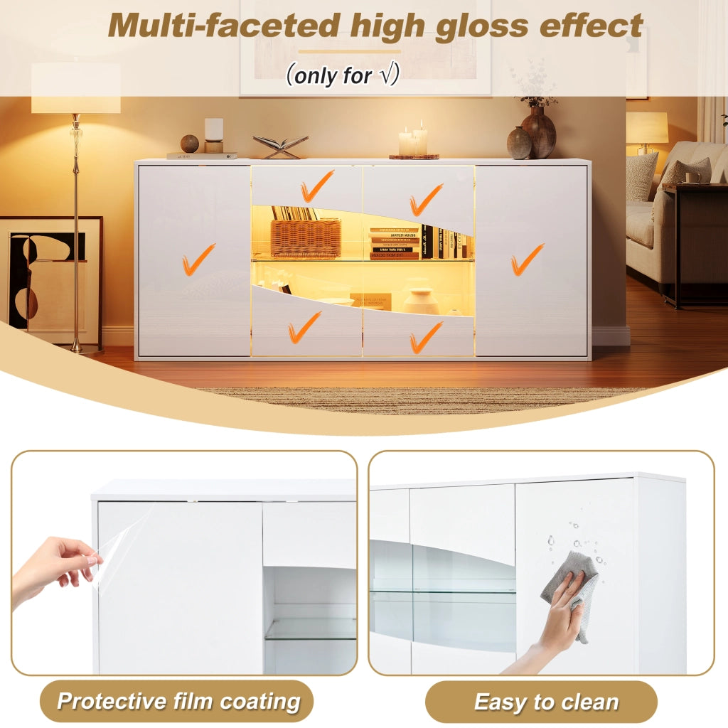 Credenza bianca lucida con illuminazione LED; 160 x 35 x 70 cm; quattro ante; MDF e vetro di sicurezza