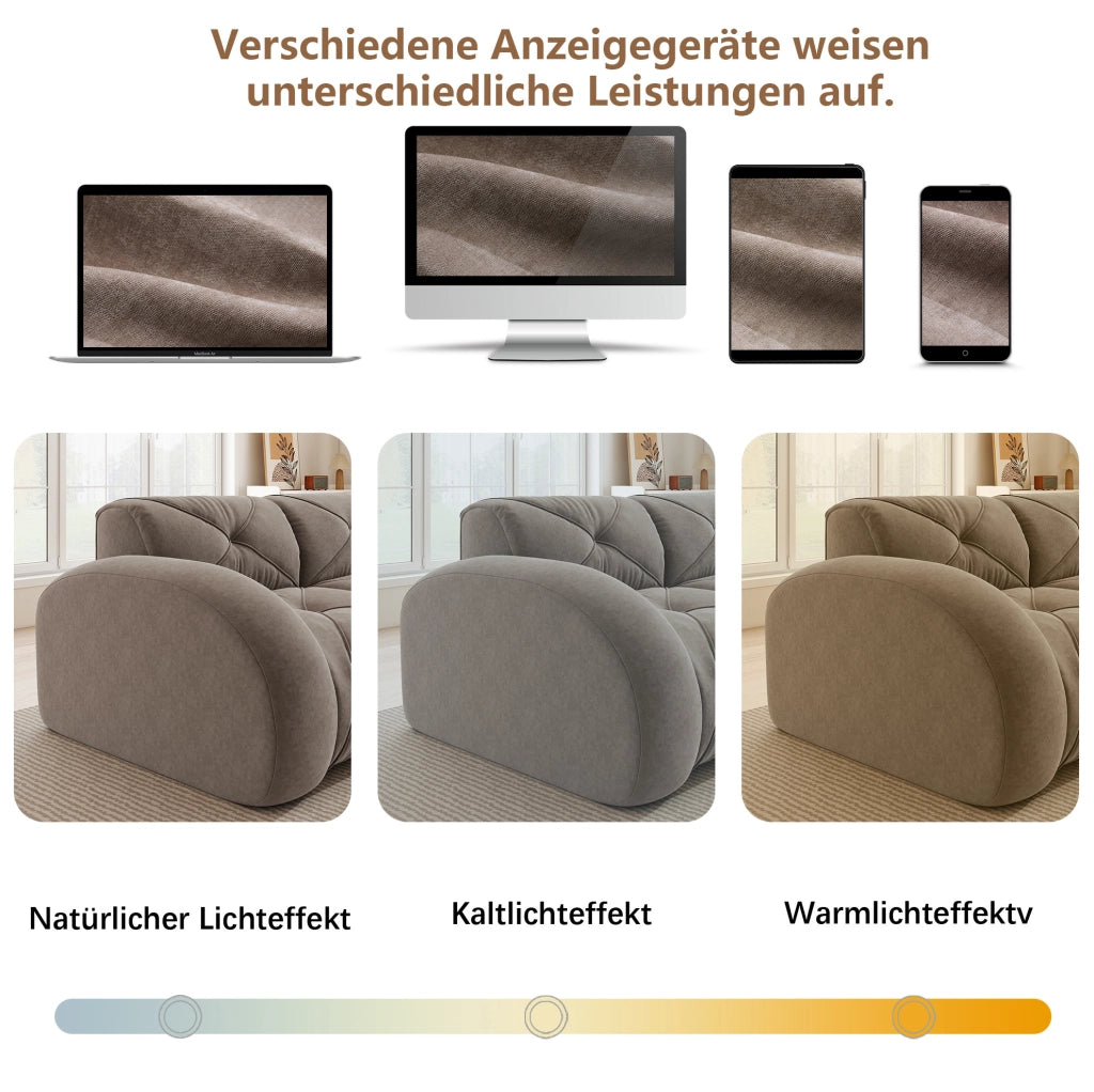 Divano modulare 2 posti taupe con 2 pouf, rivestimento in chenille senza struttura