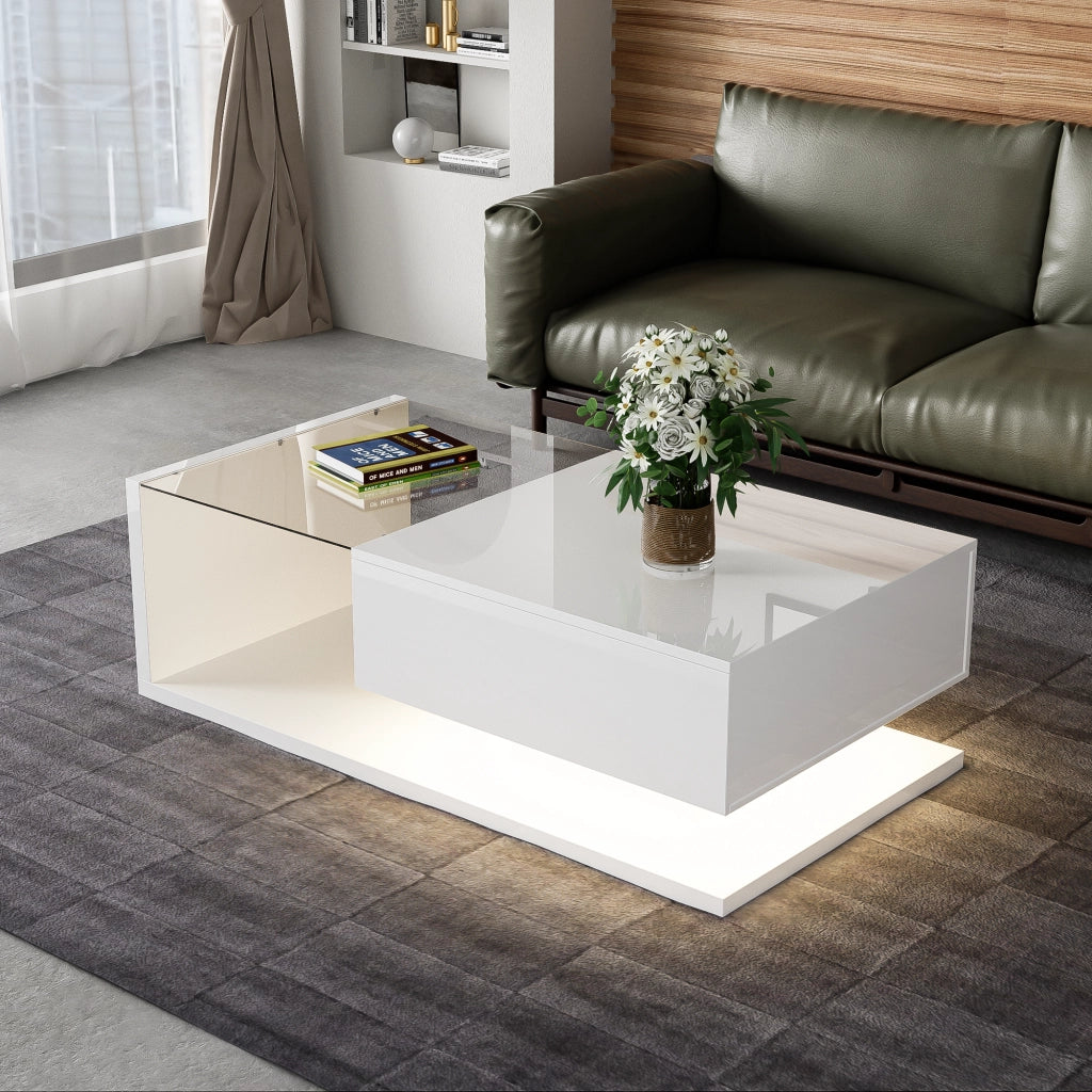 Tavolino da salotto con ripiano e LED a 16 colori regolabili, in vetro temperato e pannello truciolare bianco lucido