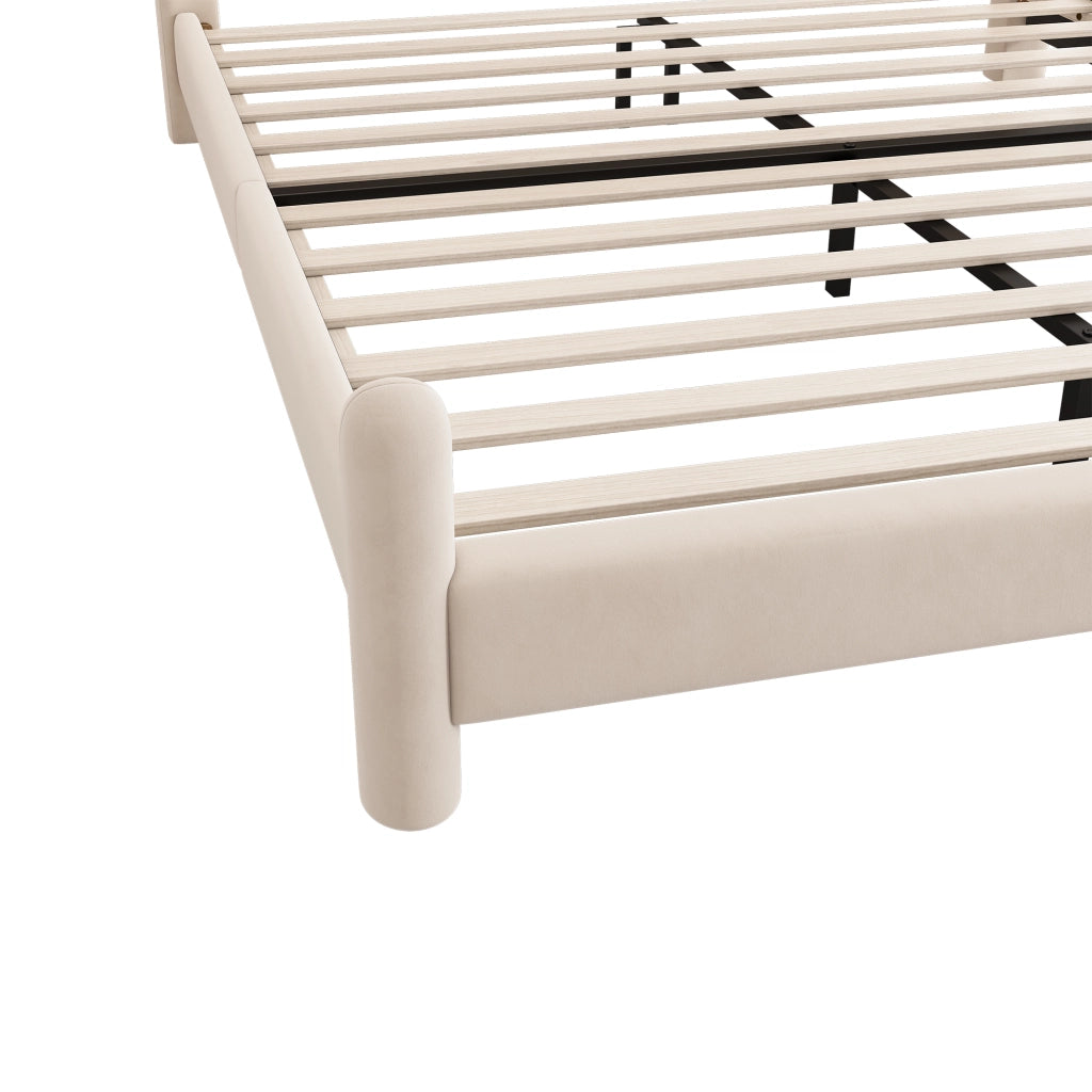 Letto imbottito 180 × 200 cm con rete a doghe e testiera ondulata rivestito in velluto beige
