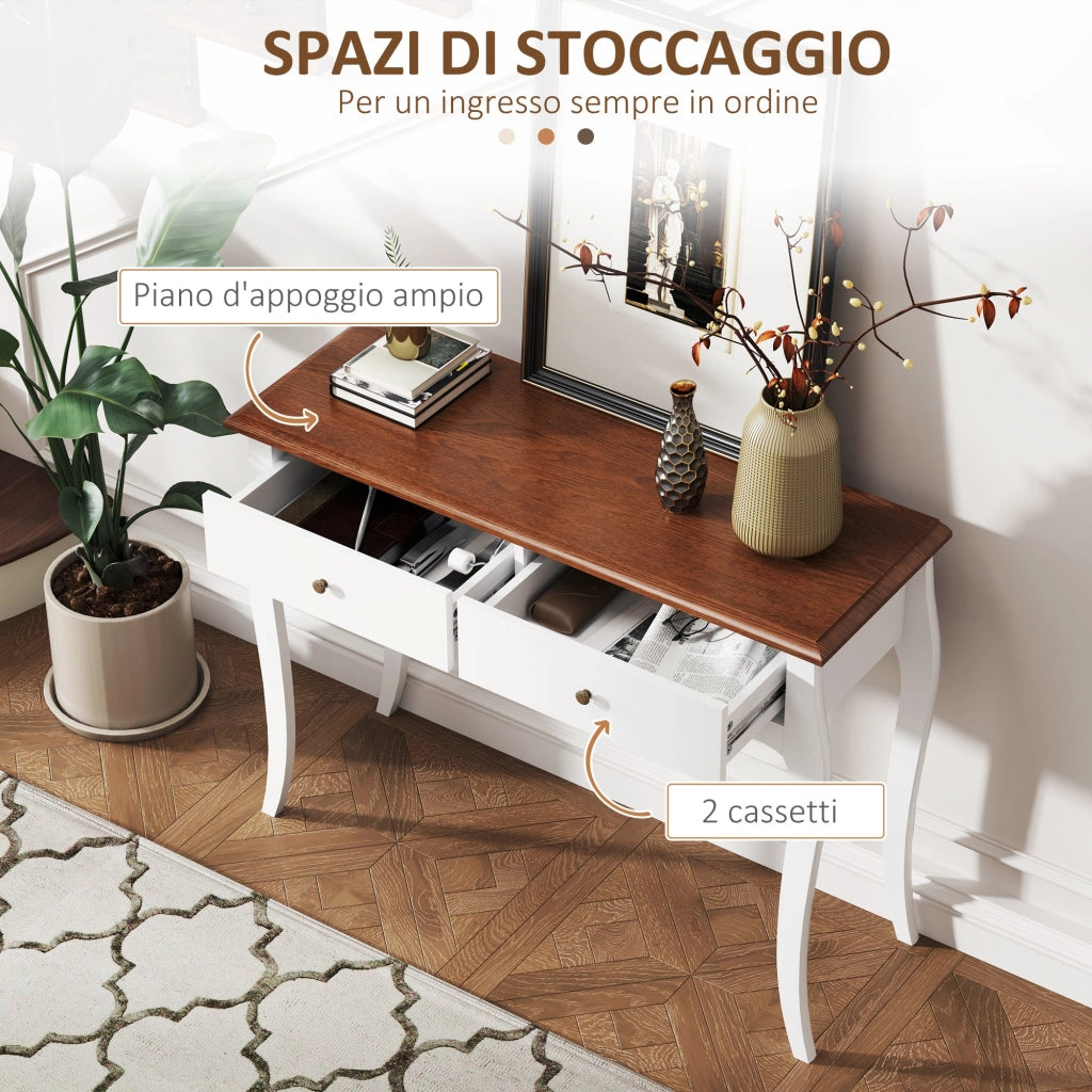 Tavolo Consolle Moderno 100x35x76,5 cm con 2 Cassetti in Legno Bianco e Marrone Scuro