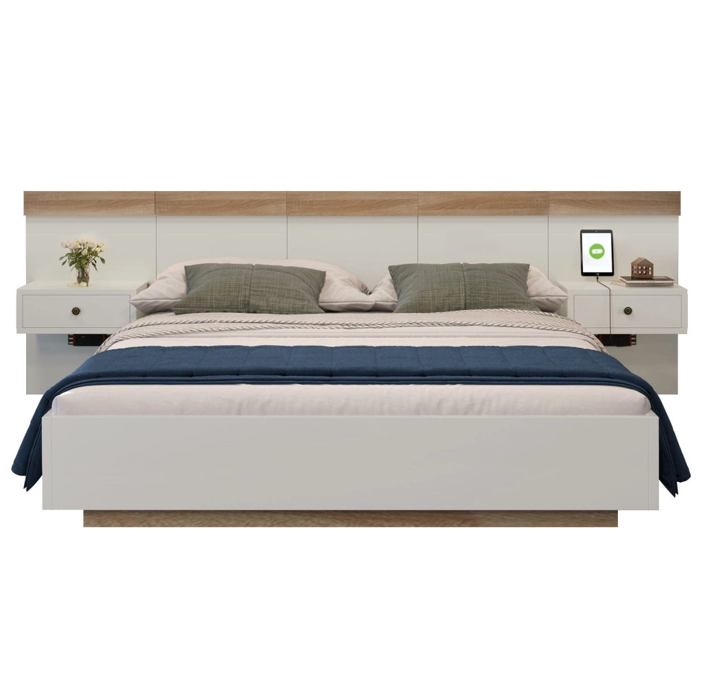 Letto matrimoniale 160x200 cm con comodini LED, USB-C e prese UE
