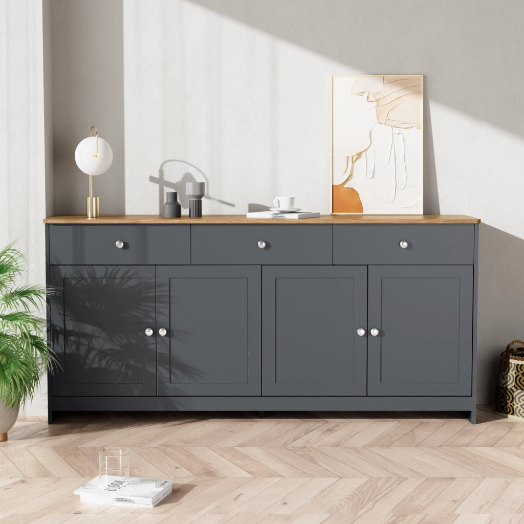 Credenza con quattro ante tre cassetti e ripiani regolabili in MDF grigio nero e finitura legno 160 × 37 × 75 cm
