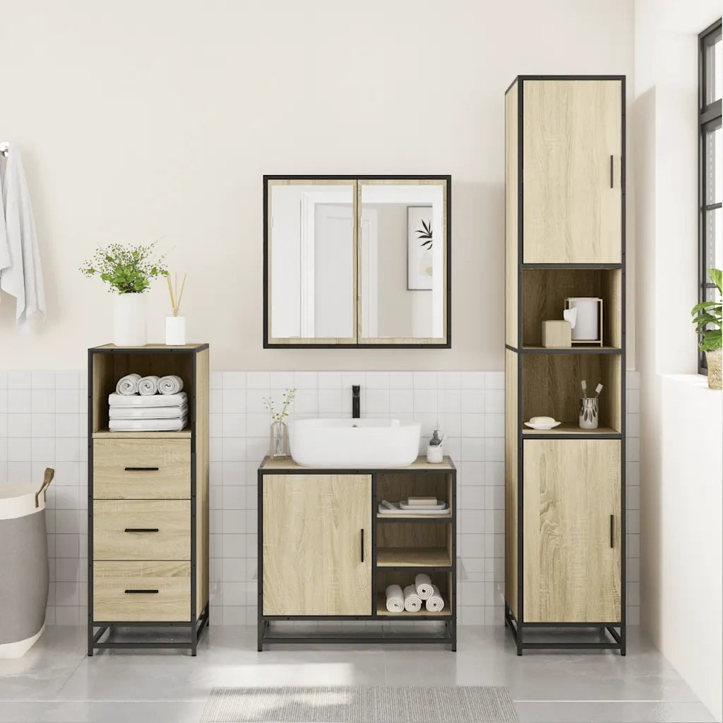 Set Mobili da Bagno | Armadio da bagno 3 pz Rovere Sonoma in Legno Multistrato