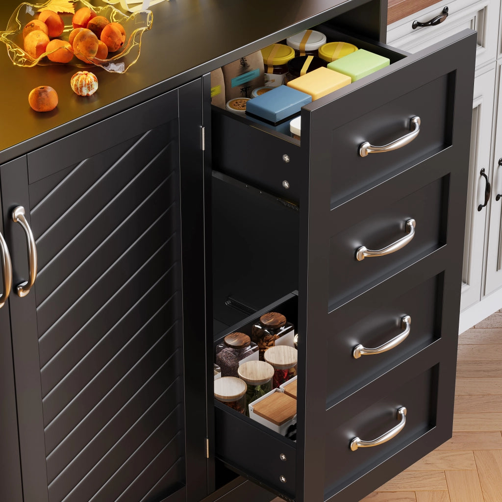 Credenza con illuminazione LED controllabile tramite app; 4 ante e portabevande in MDF nero 120 × 40 × 188 cm