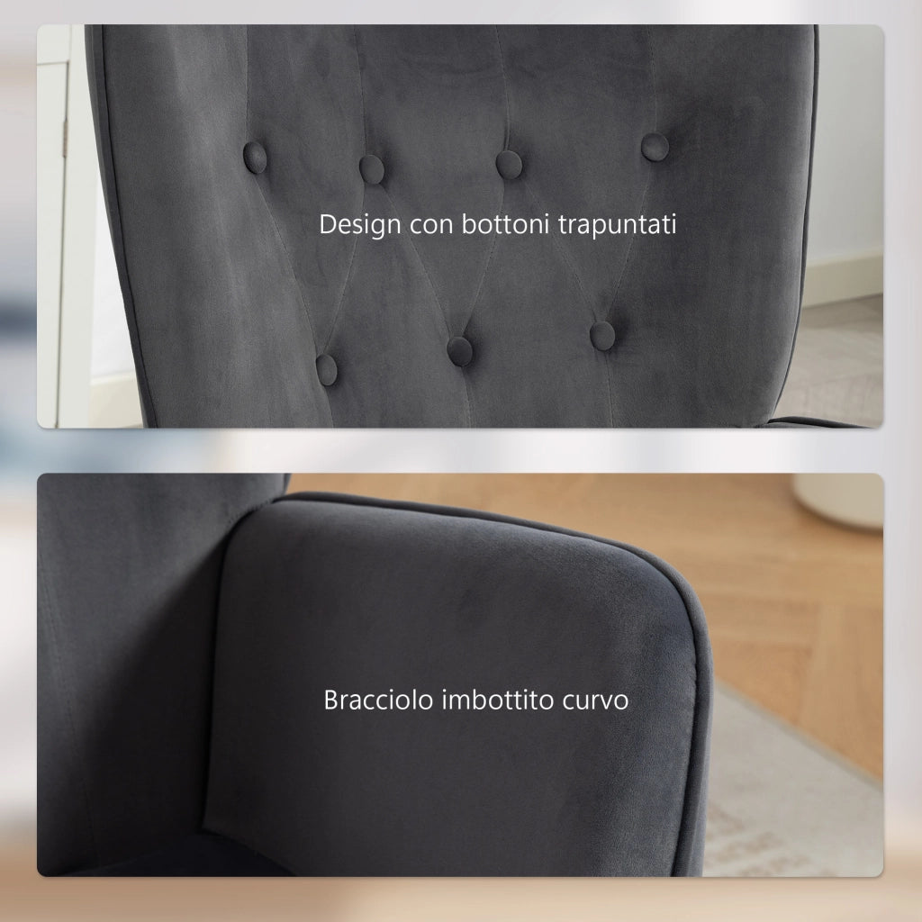 Poltrona Girevole con Dondolo ¨C Xylo ¨C Velluto Grigio Scuro, Braccioli, Altezza Regolabile