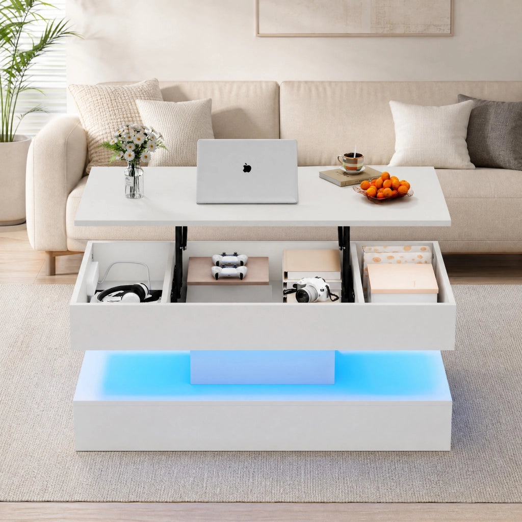 Tavolino da caffè sollevabile 100x50x42 cm bianco con LED e vano contenitore
