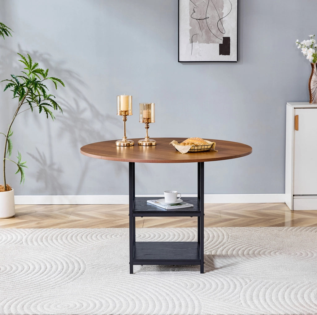 Tavolo da pranzo rotondo 107 cm in MDF effetto noce, nero, doppio ripiano, 2-4 persone