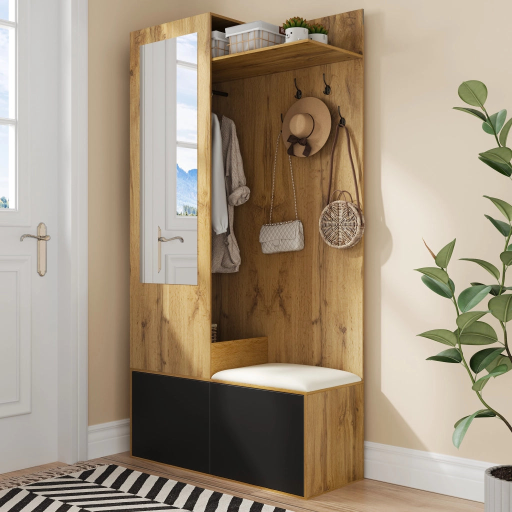 Set guardaroba 5 ganci e 2 scarpiere con specchio e panca per ingresso in MDF colore nero e naturale