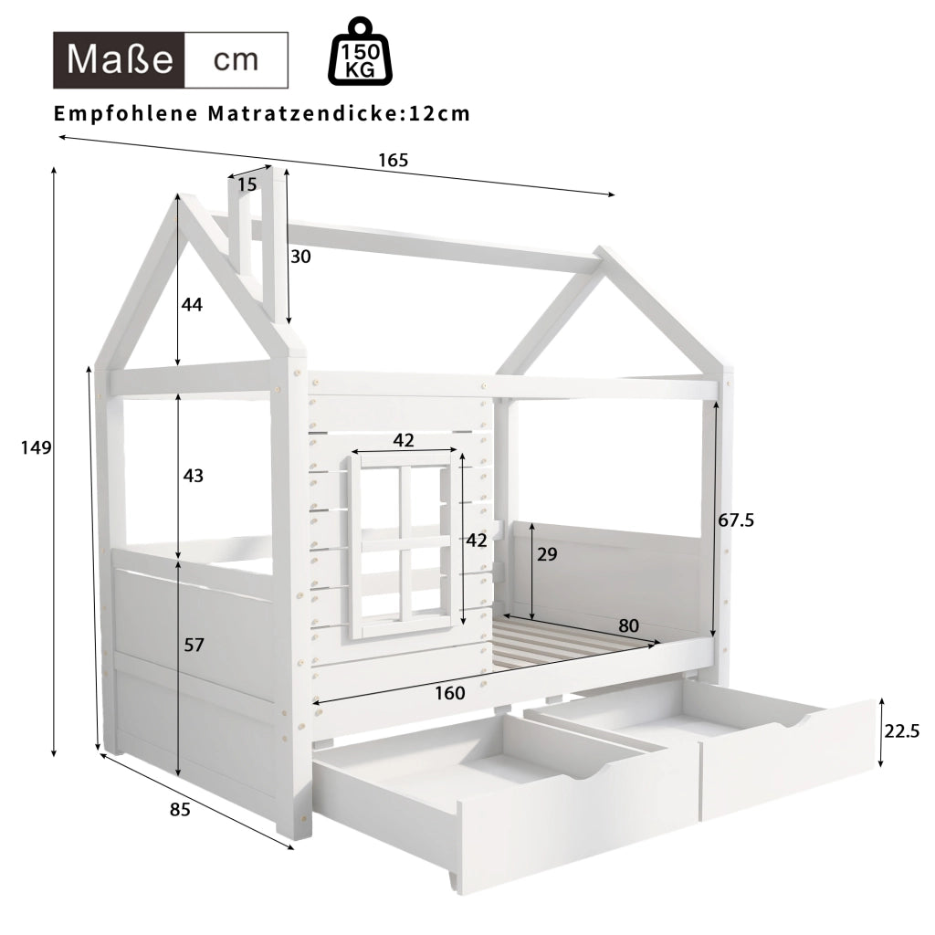 Letto a casetta 80 × 160 cm con cassetti e finestre in legno di pino bianco con rete a doghe inclusa