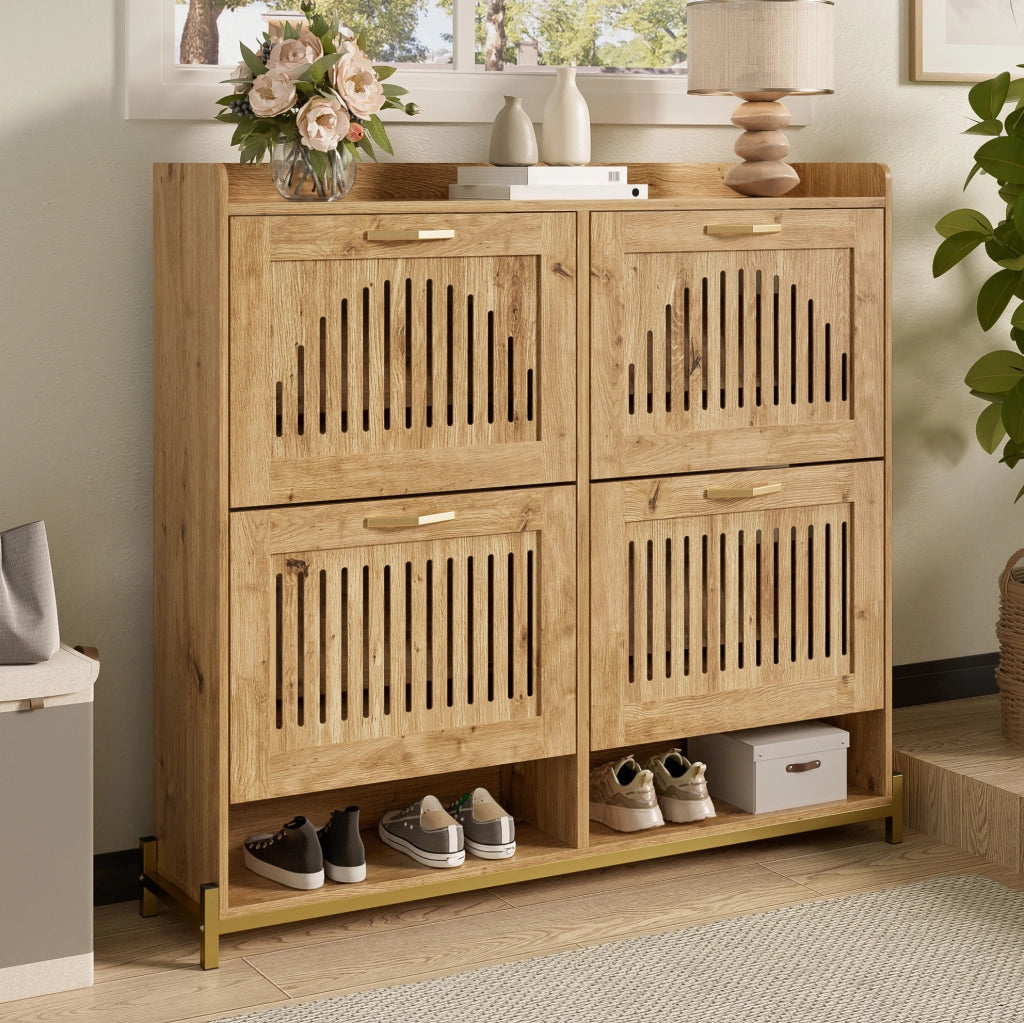 Scarpiera 108;5x24x100 cm con 4 ante in MDF effetto legno e struttura in metallo HOMVRA