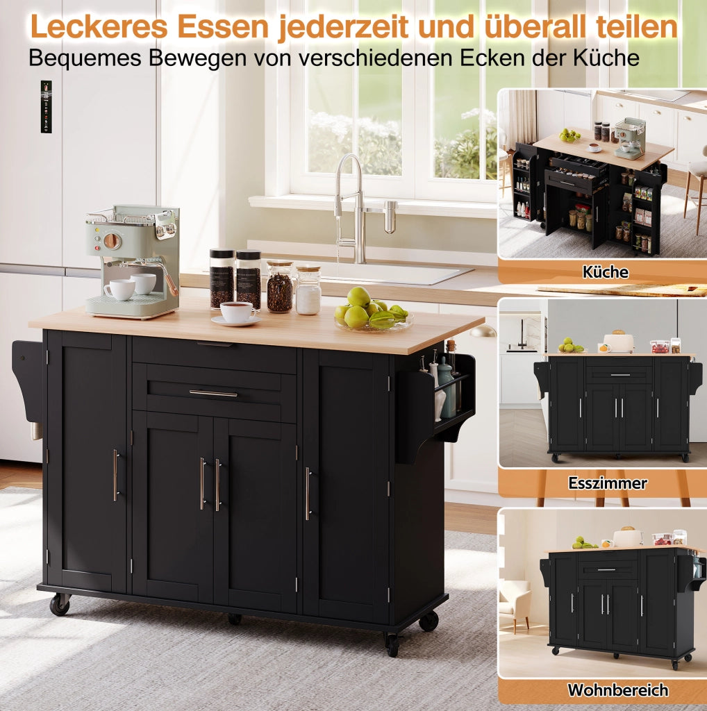 Carrello da cucina 120x45 cm con piano estensibile; MDF nero e naturale