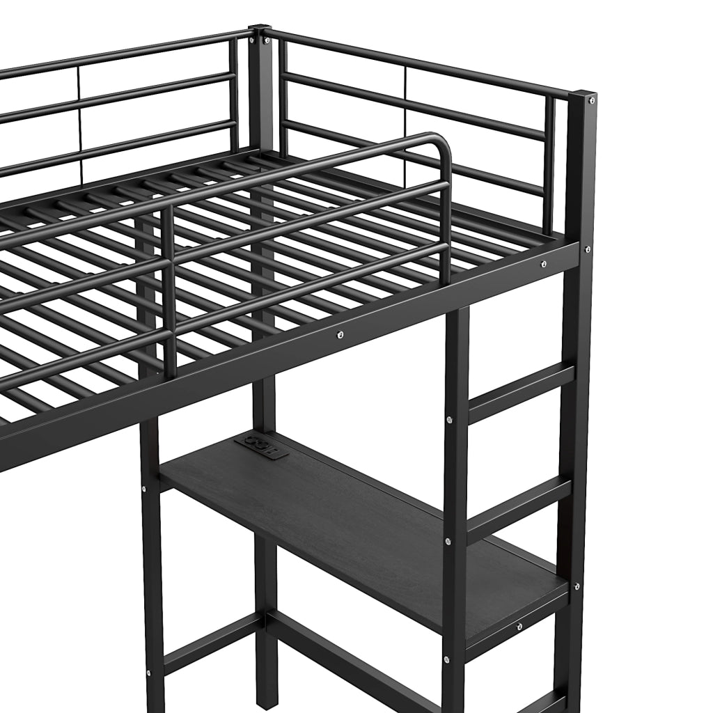 Letto a soppalco 90x200 cm in metallo con scrivania, prese USB e ripiani, colore nero