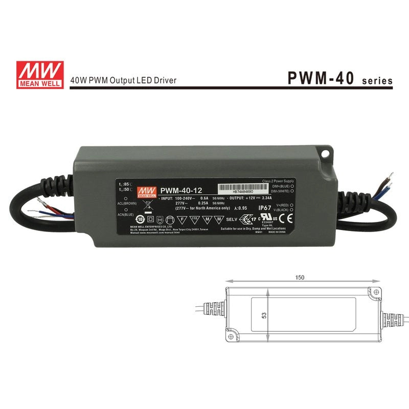 Alimentatore Led MW MEAN WELL PWM-40-12 Dimmerabile 40W 12V IP67 Dimming 3 in 1 0-10V 10V PWM Resistance