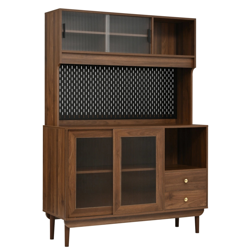 Credenza da cucina 117x30x170 cm con ante scorrevoli in vetro rigato e cassetti noce HAVRYA