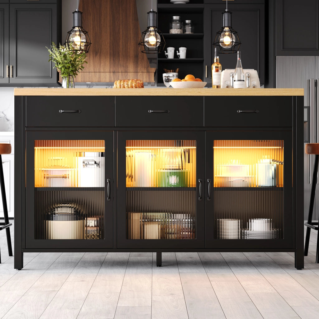 Isola da cucina con 3 cassetti; ante in vetro scanalato e piano 150 x 80 cm; nera e naturale
