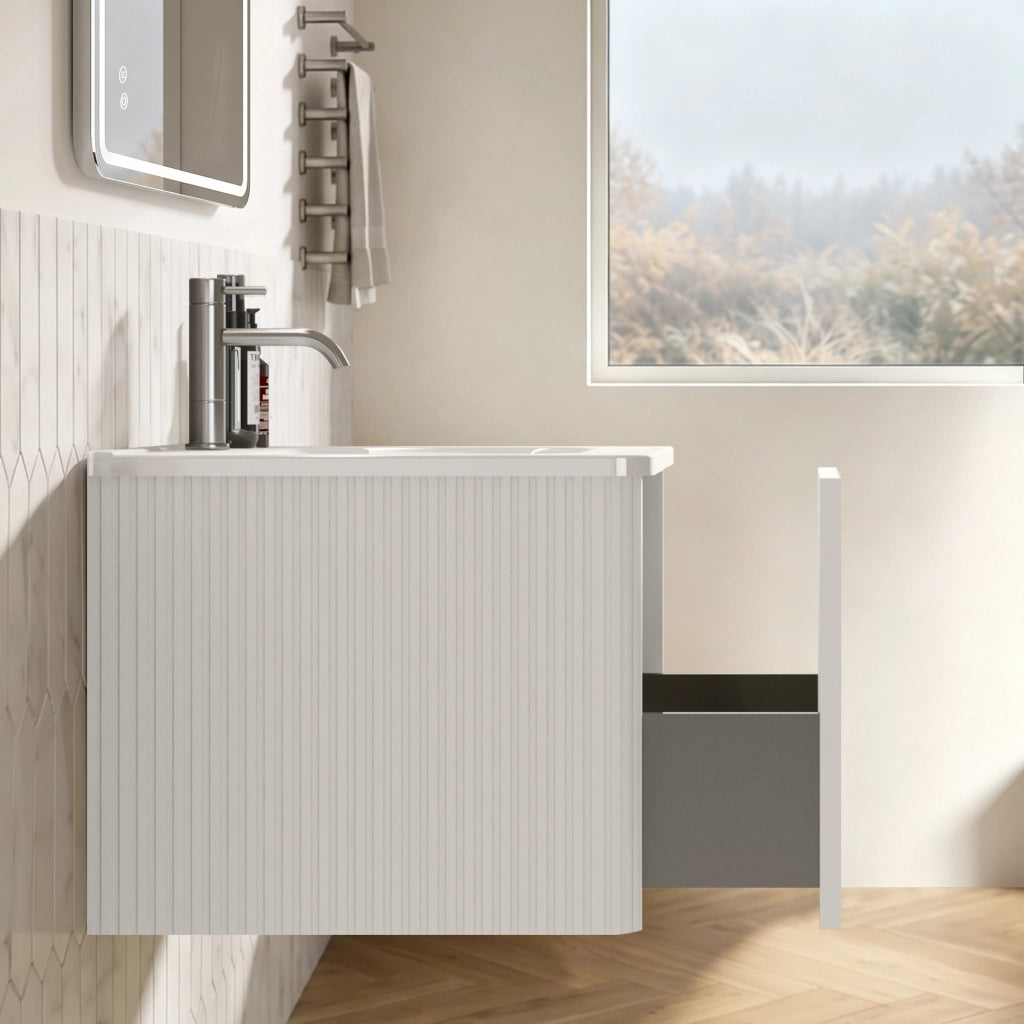 Set di mobili con lavamani sospeso con specchio LED regolabile lavabo integrato in solid surface bianco