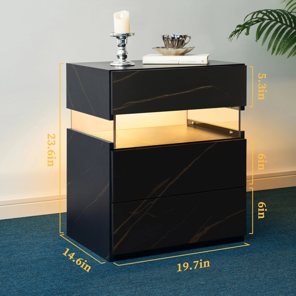 Comodino LED RGB con 3 cassetti nero e oro