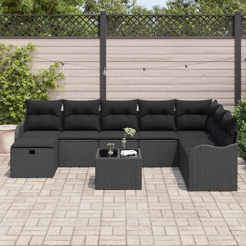 Set Divano da Giardino con cuscino 9 pcs Nero Poly Rattan 3360374