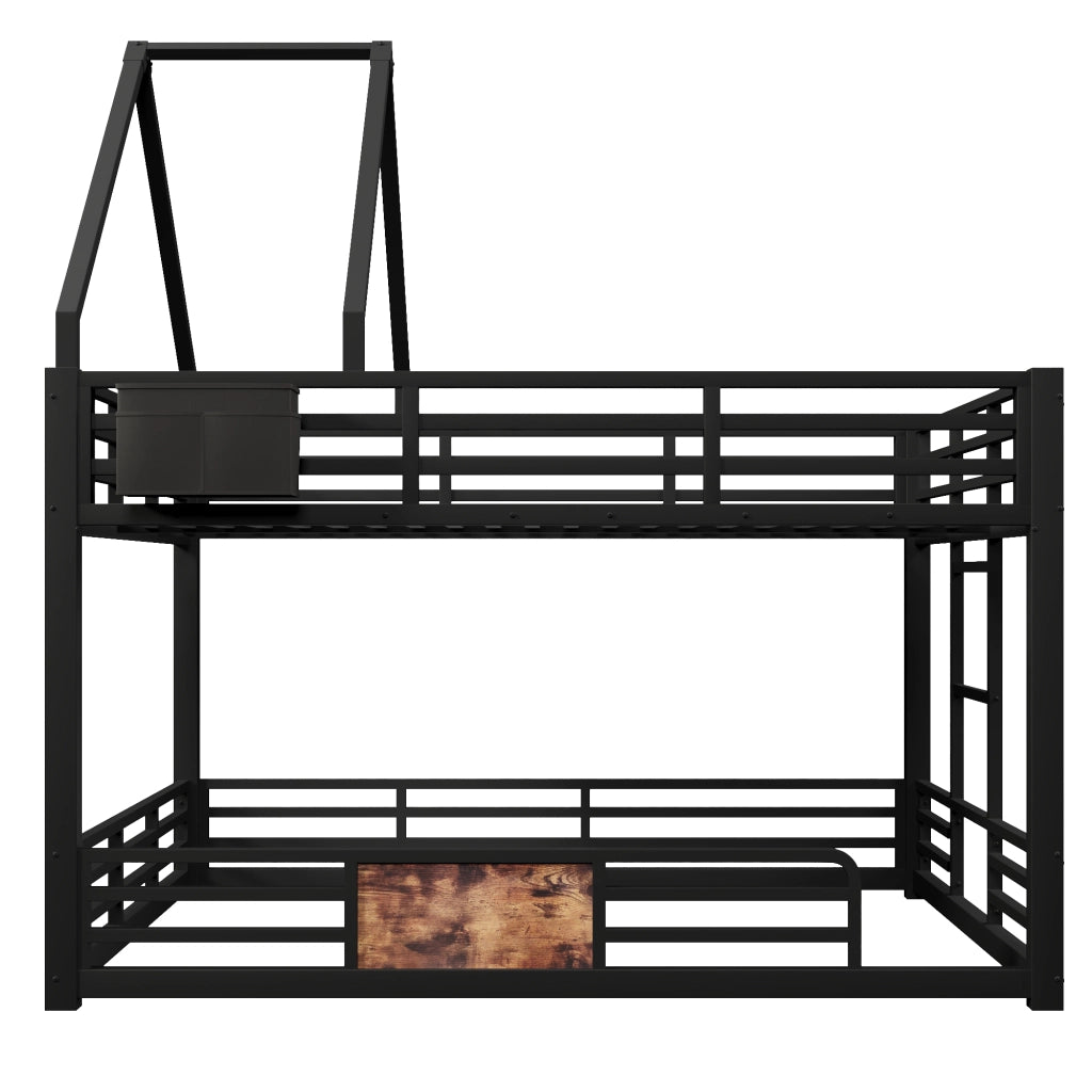 Letto a castello 140 × 200 cm con struttura a casetta; LED multicolore; tasche in tessuto e barriera nero