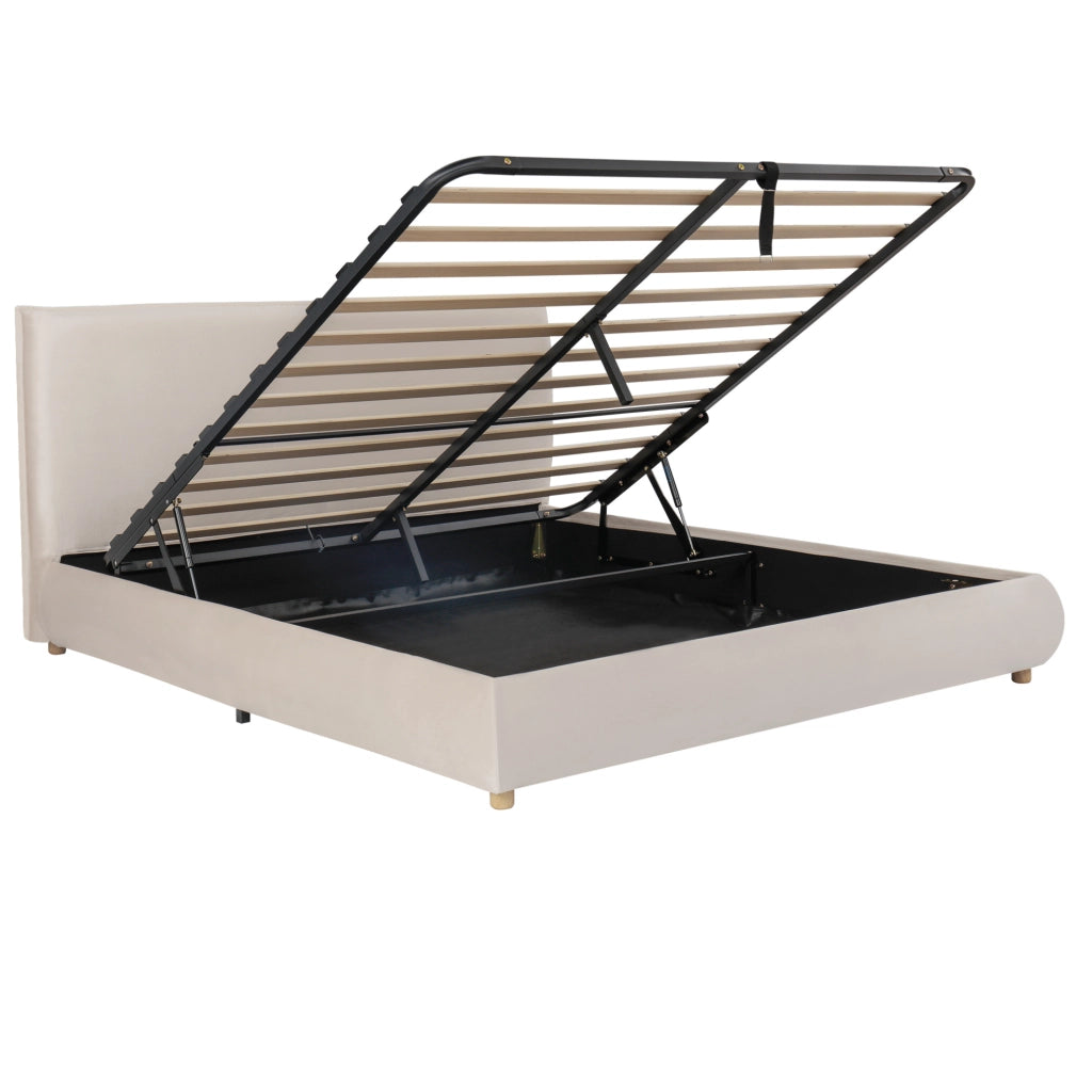 Letto matrimoniale contenitore 180x200 cm in velluto crema con rete a doghe e testiera