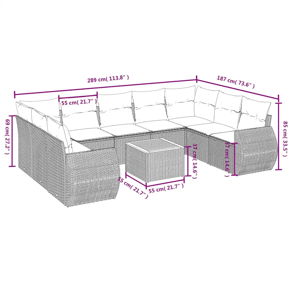 Set Divani da Giardino 10 pz con Cuscini Grigio in Polyrattan 3225151